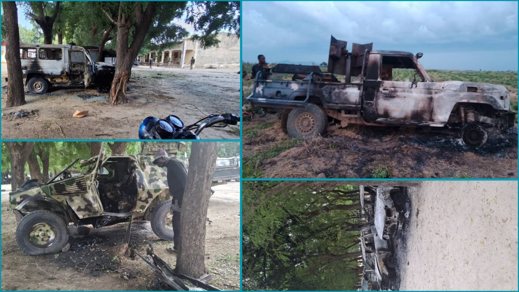 Collage of burnt-out vehicles in various outdoor settings, surrounded by trees and open grounds.