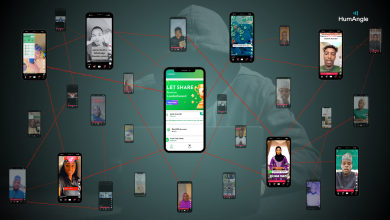 Collage of smartphone screens displaying various social media content, connected by red lines, with a hoodie-clad figure in the background.