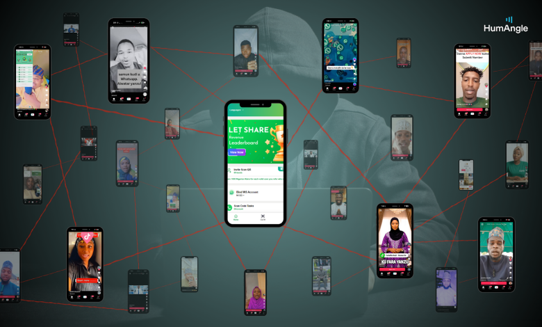 Collage of smartphone screens displaying various social media content, connected by red lines, with a hoodie-clad figure in the background.