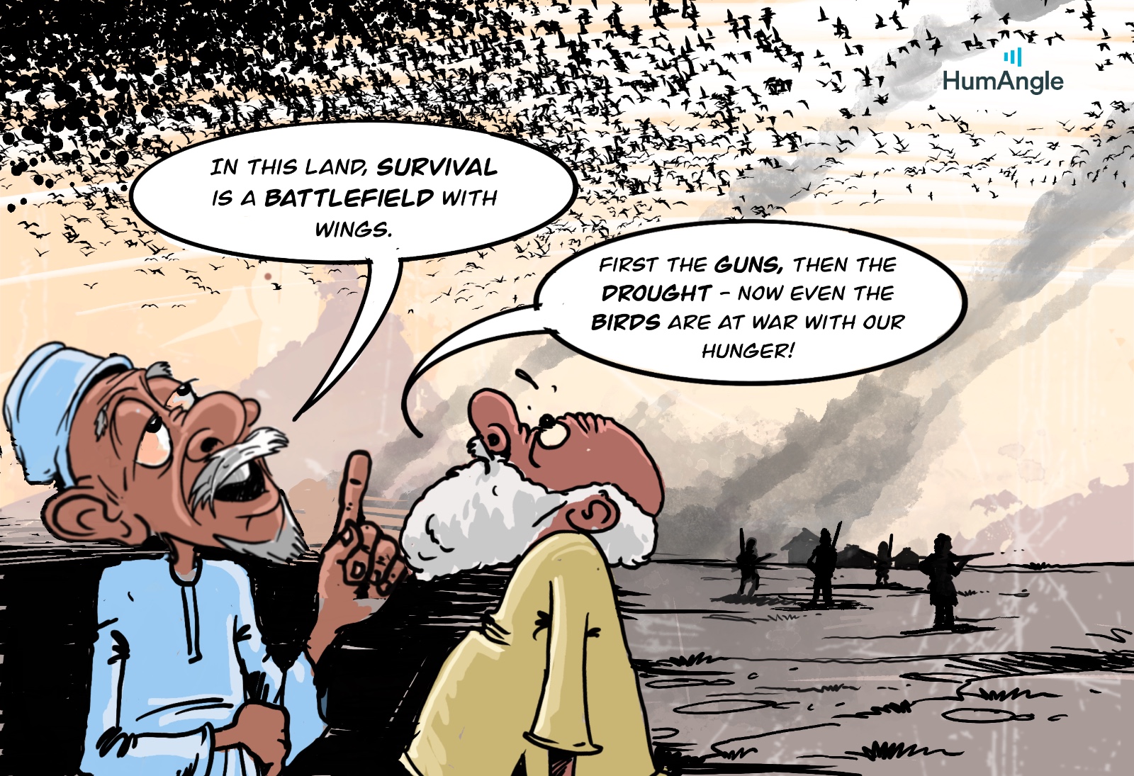 Comic scene: Two men look at a sky full of birds. One says, "Survival is a battlefield with wings," the other mentions guns, drought, and hunger.