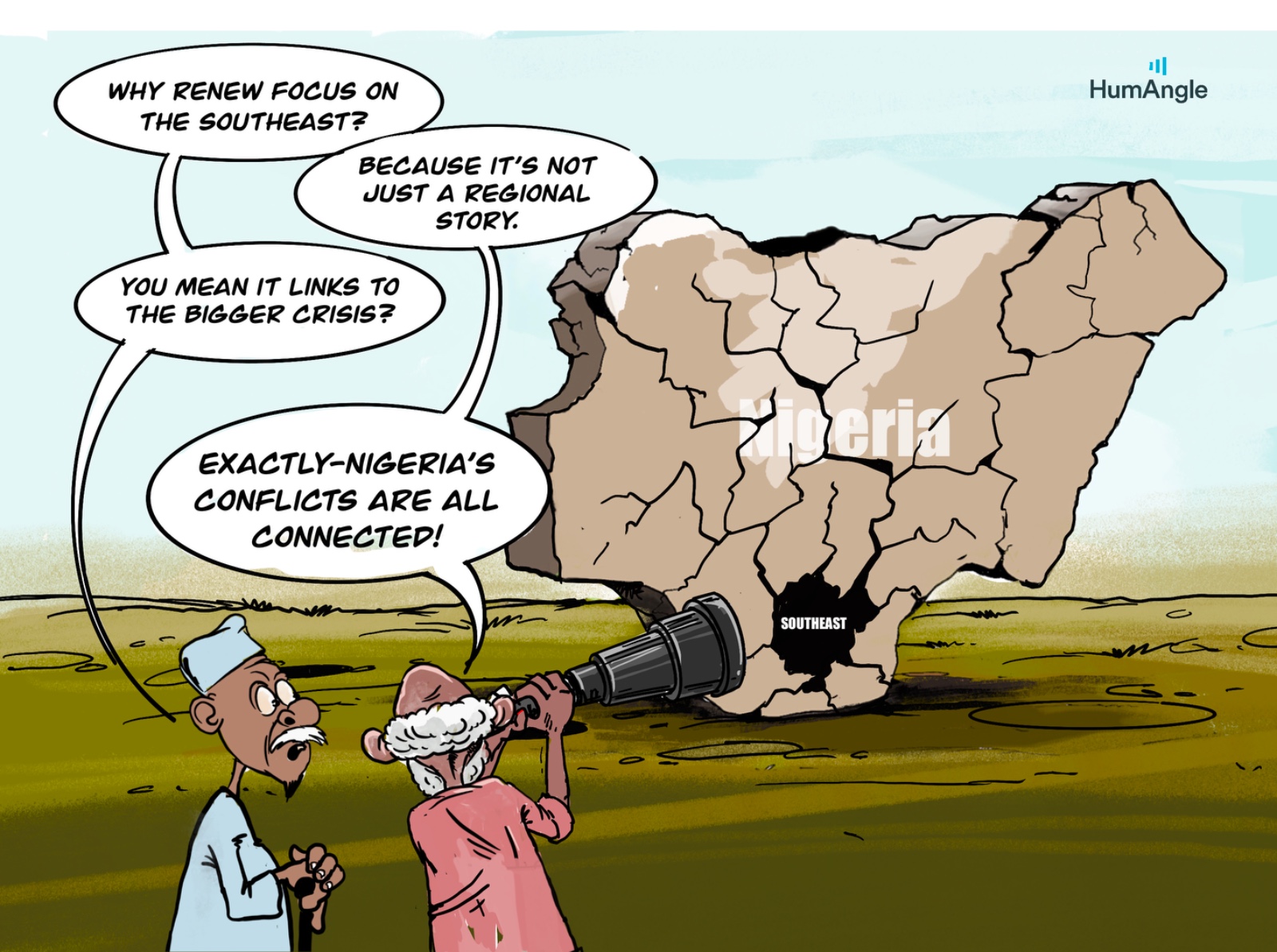 Two people discuss Nigeria's conflicts, focusing on the Southeast, with a cracked map highlighting interconnected crises.