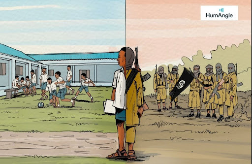 A child stands between scenes: students at school on the left, armed individuals with a flag on the right.