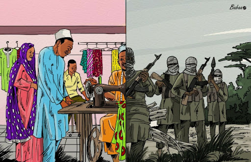 A man sewing in a colorful room contrasts with masked figures holding guns in the wild.