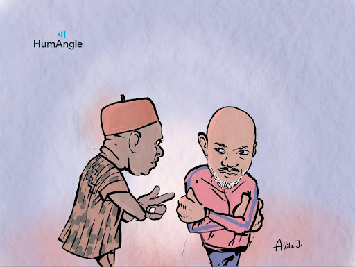 Two cartoon men in a heated discussion. One gestures energetically, while the other listens with arms crossed, wearing a serious expression.