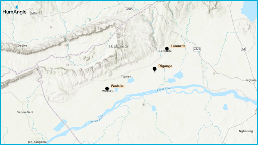 Map of a region showing Lamurde, Rigange, and Wuduku near a river, with nearby roads and highlands.