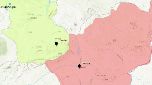 Map showing Gombe in green and Numan in red with markers, displaying regional divisions.