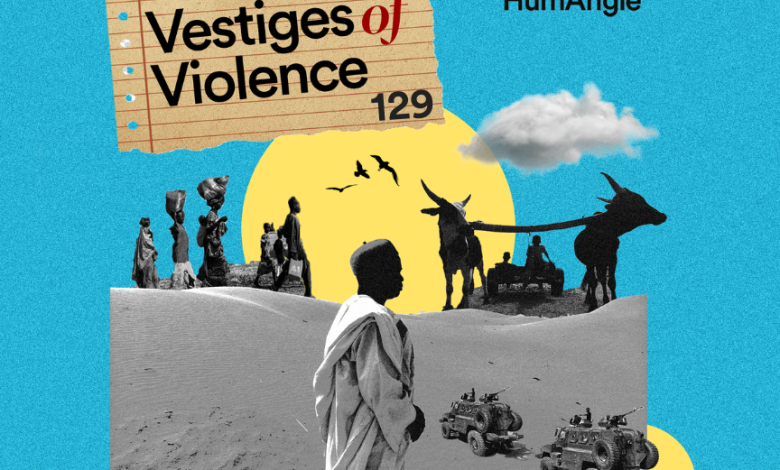 Collage with people, animals, vehicles in a desert setting. Text: "Vestiges of Violence 129", "HumAngle", podcast icons on blue background.