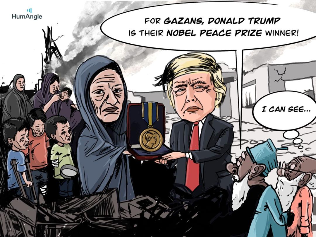 Cartoon depicting a serious scene in Gaza with a caricature of Donald Trump holding a Nobel Peace Prize medal beside a somber woman.