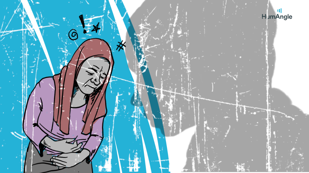 Illustration of a woman with a headscarf holding her stomach in pain, surrounded by symbols like exclamation marks on a textured background.