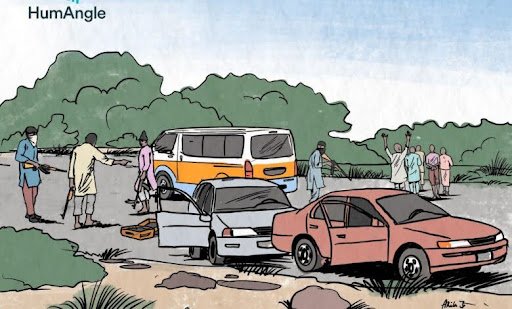 Illustration of an armed group stopping cars on a rural road, with a bus and two cars and people standing nearby.