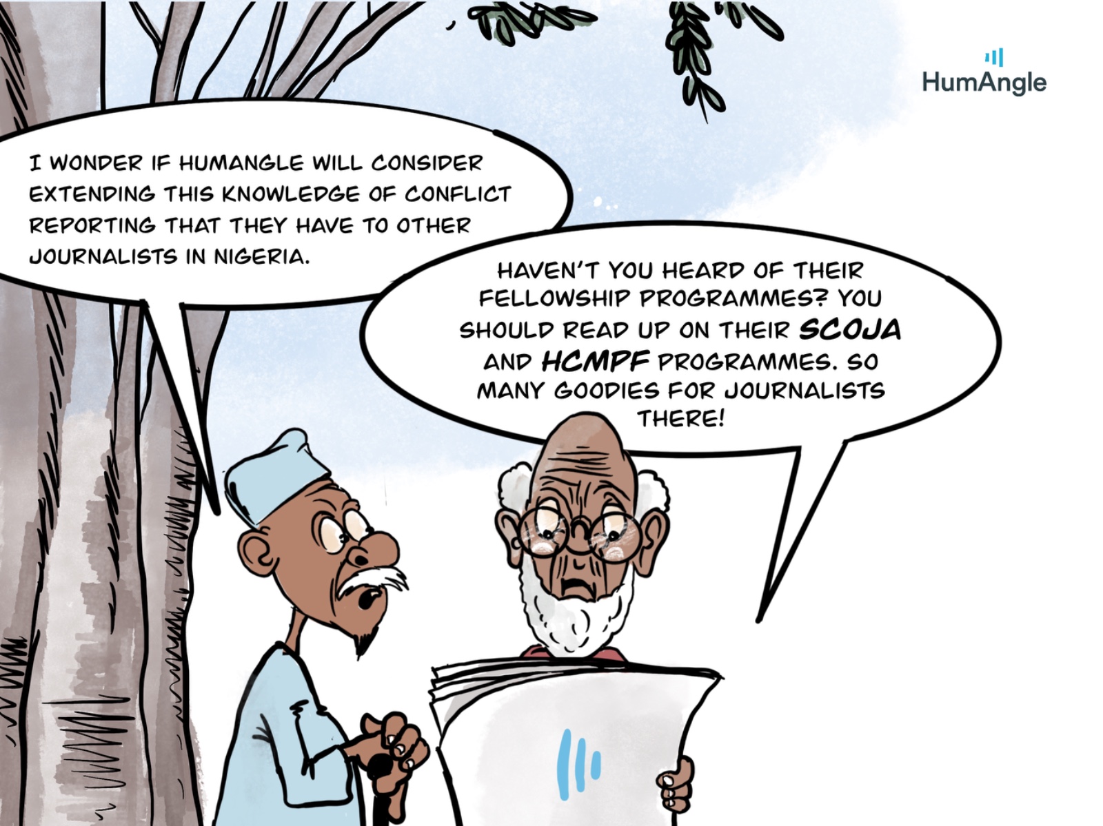 Two men discuss extending conflict reporting knowledge in Nigeria. One mentions HumAngle's fellowships and programs for journalists.