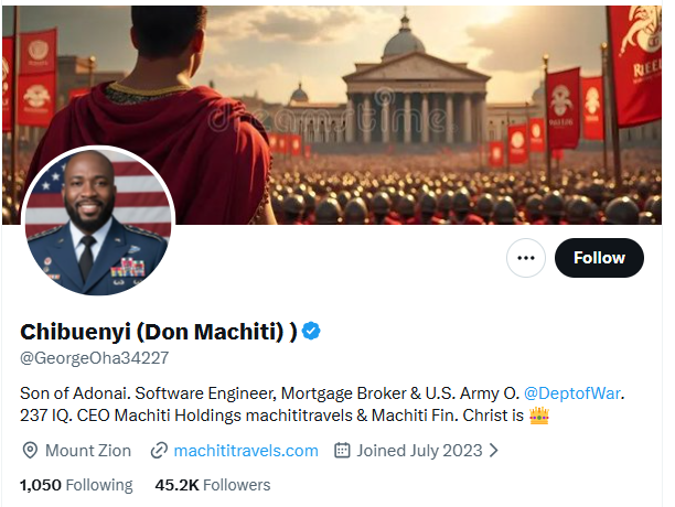 Twitter profile with a cover showing a person in a Roman toga facing a large crowd and ancient architecture. Profile photo is a man in military uniform.