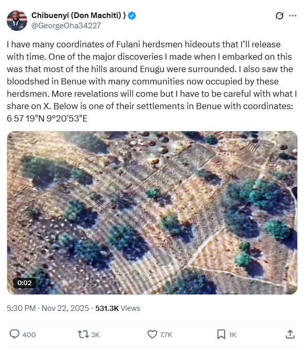 Aerial view of a landscape with scattered small trees and patches of bare land. A tweet about herdsmen settlements in Benue accompanies it.