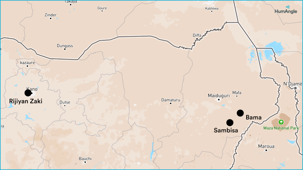 Map showing Rijiyan Zaki, Sambisa and Bama in northeastern Nigeria, near Waza National Park, with surrounding towns and roads.