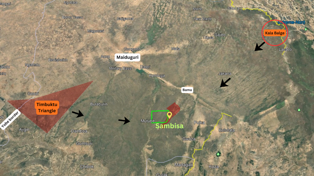 Map highlighting Timbuktu Triangle and Sambisa in northeastern Nigeria, showing nearby cities and borders with arrows pointing directions.