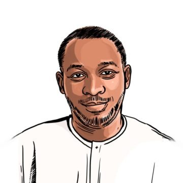 Illustration of a smiling man with short hair and a trimmed beard, wearing a white shirt, against a plain background.