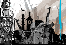 Militants with rifles, standing in front of a mosque and church, in a war-torn setting with smoke and abstract elements.