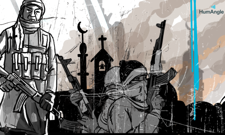 Militants with rifles, standing in front of a mosque and church, in a war-torn setting with smoke and abstract elements.