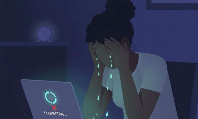 Person sitting at a table, laptop screen showing "connecting" message, holding head in frustration with tears falling.