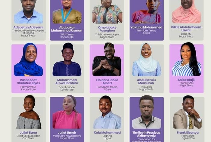 Grid of 15 people from various Nigerian media, each with name, affiliation, and location on individual colored panels.