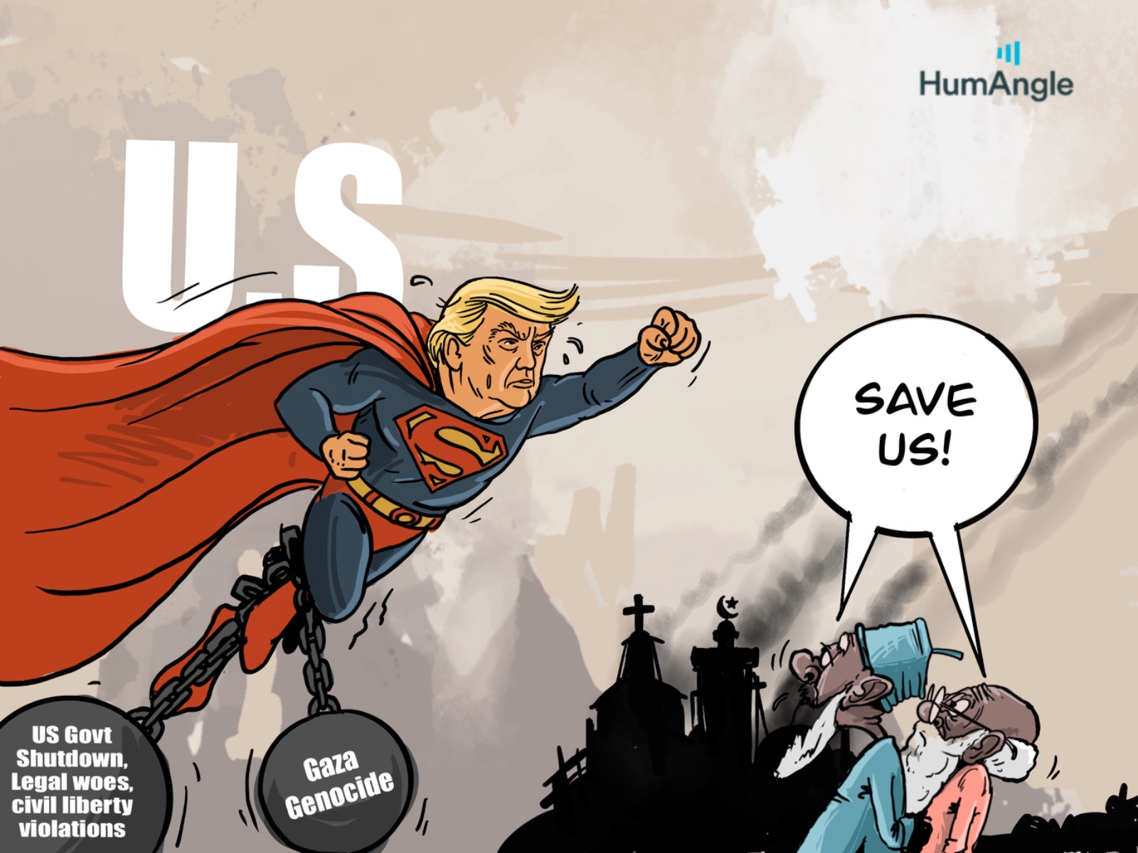 Cartoon of a superhero in red, resembling a political figure, chained by issues, flying towards people shouting "Save us!"
