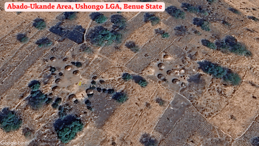 Aerial view of circular structures in a dry landscape with sparse vegetation in Abado-Ukande Area, Ushongo LGA, Benue State.