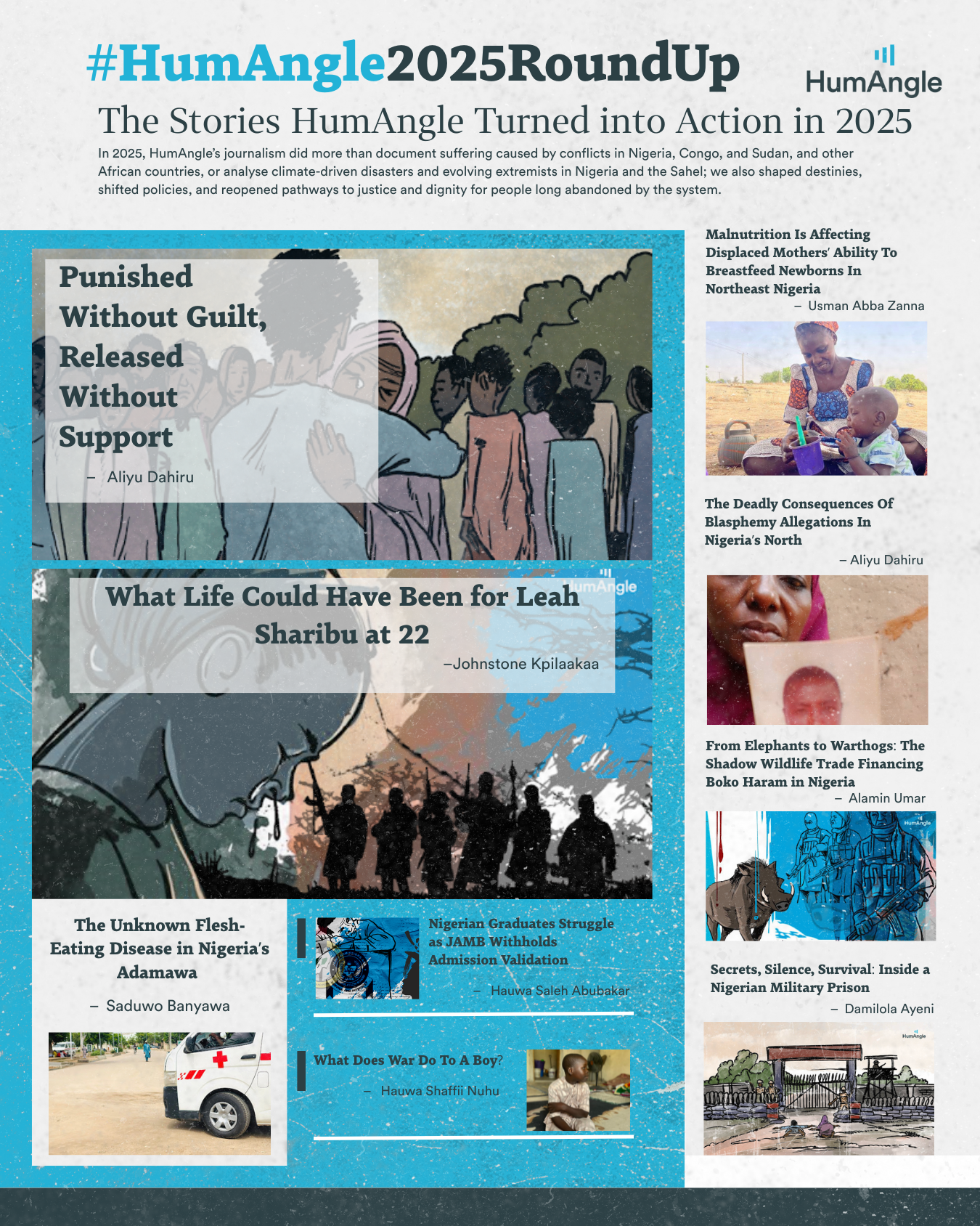 A collage highlighting journalism stories by HumAngle in 2025, focusing on conflicts, health, and social issues in Africa.