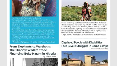 Magazine page featuring stories on resilience: missing son dreams, Boko Haram widow survival, wildlife trade, and struggles of displaced disabled people.