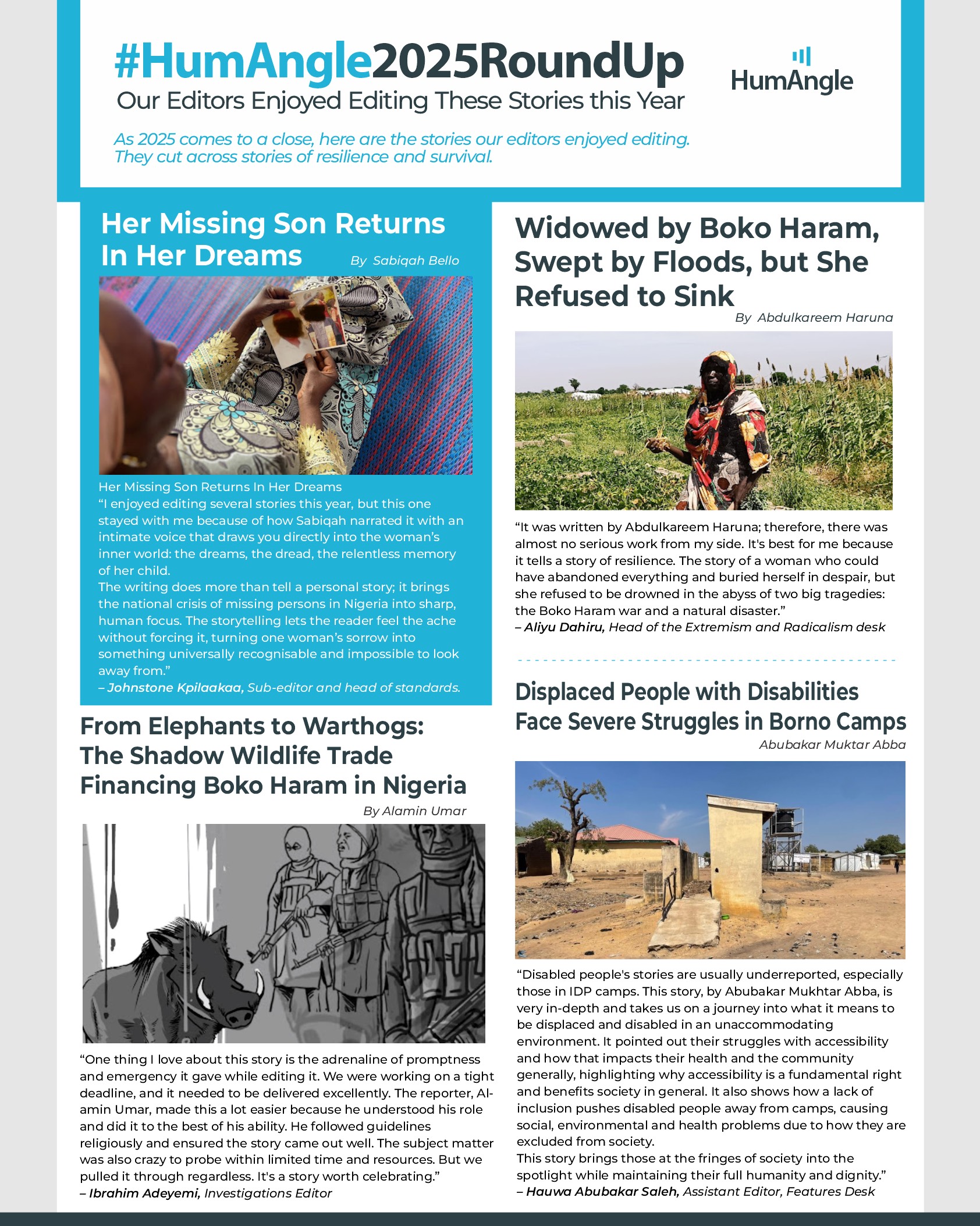Magazine page featuring stories on resilience: missing son dreams, Boko Haram widow survival, wildlife trade, and struggles of displaced disabled people.