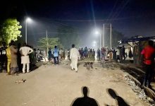 A nighttime street scene with a crowd of people gathered under streetlights, surrounded by trees and shadows.