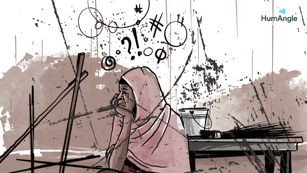 Illustration of a person in a hood, sitting with a hand on their face, surrounded by question marks and abstract lines.