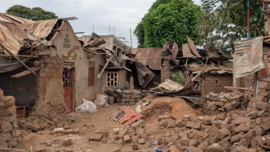 Collapsed buildings with debris in front, showing damage against a backdrop of trees and a cloudy sky.