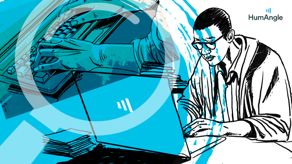 Illustration of a person at a laptop, with hands typing on a keyboard overlaid. Blue accents, HumAngle logo in the corner.