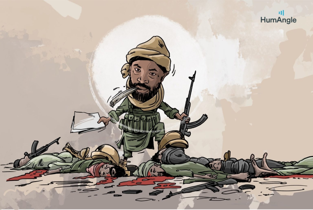 Cartoon of a militant holding a rifle and paper, standing over fallen soldiers with a background of destruction.