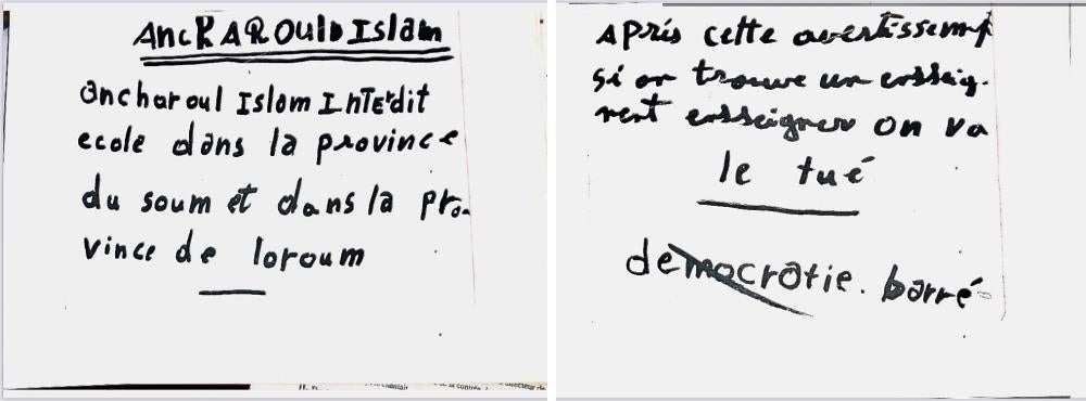 Handwritten French text with warnings about schools being forbidden and mentioning consequences for educators, with "démocratie" crossed out.