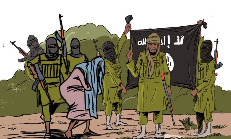 A group of armed, masked individuals stands in a wooded area with a flag featuring Arabic script.