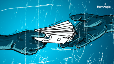 Illustrated hands exchanging Nigerian naira bills, conveying a theme of transaction or bribery, set against a blue background.