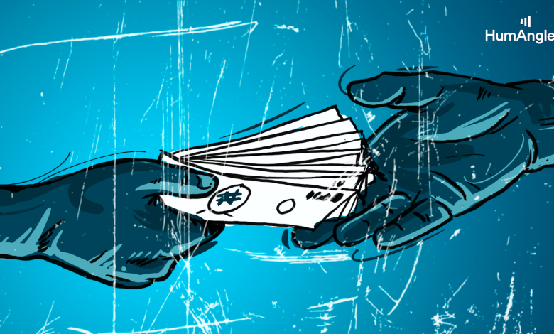 Illustrated hands exchanging Nigerian naira bills, conveying a theme of transaction or bribery, set against a blue background.