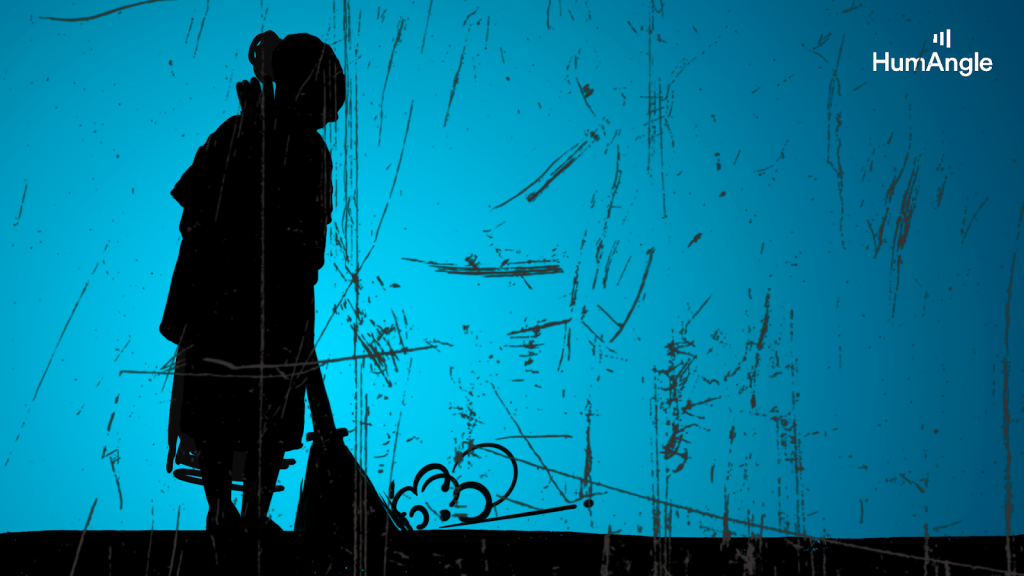 Silhouette of a person holding a broom against a textured blue background.