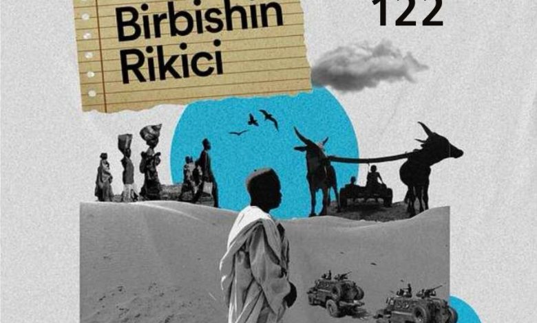 Collage artwork titled "Birbishin Rikici," Episode 122, by HumAngle, featuring people, animals, vehicles, and a desert landscape.
