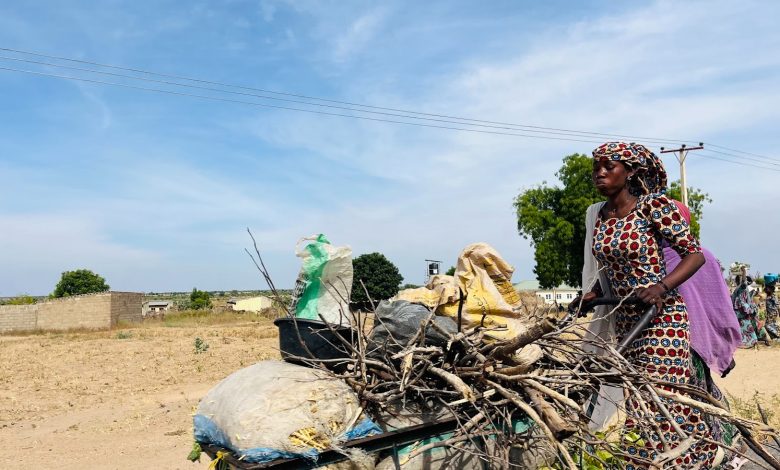 A woman in patterned attire pushes a cart filled with branches and bags along a dirt road, under a clear blue sky.