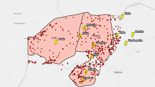 Map showing regions in Sokoto, Nigeria, with clusters of red dots indicating locations, and yellow stars for towns like Gudu and Tambagarka.