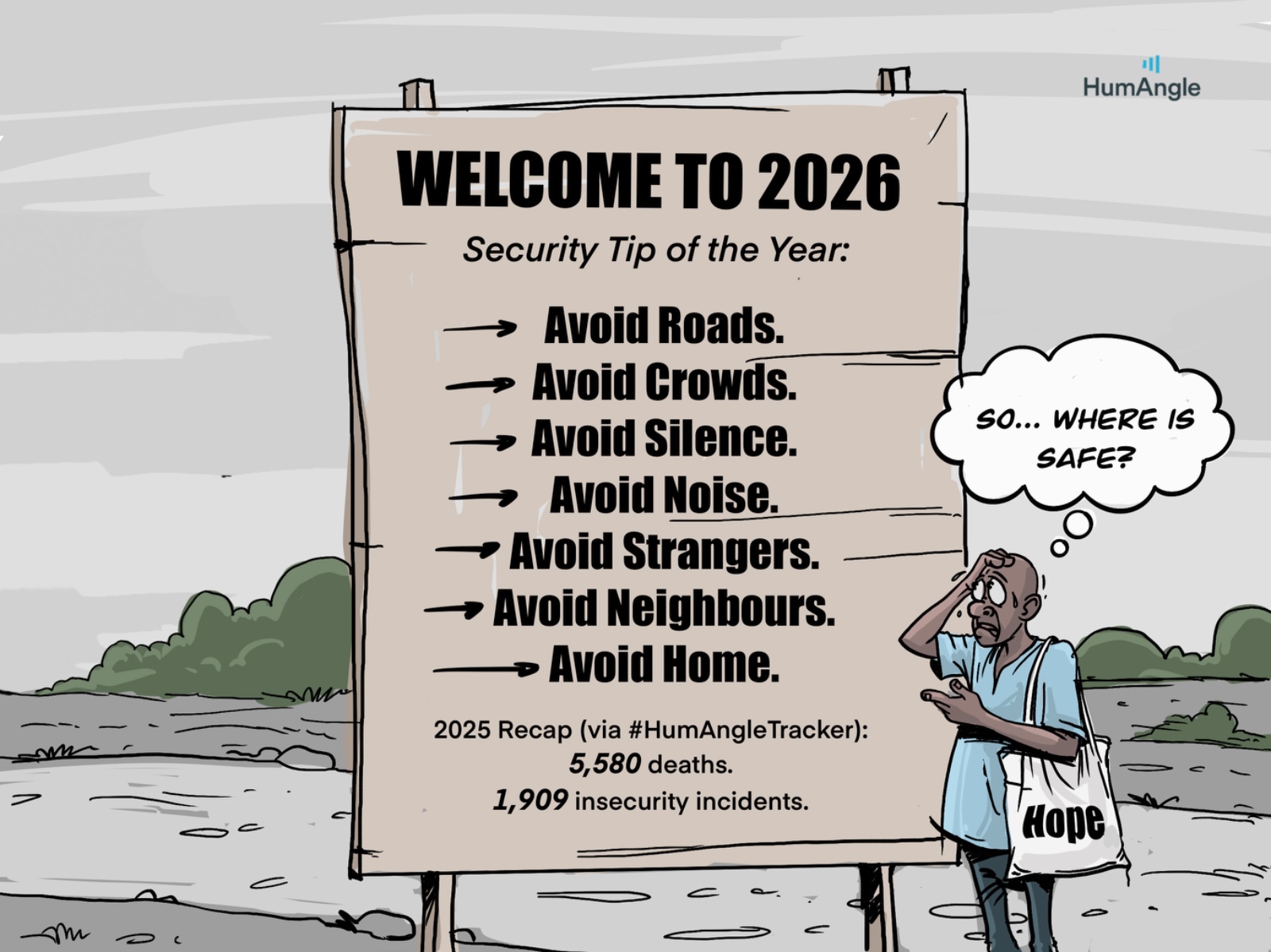 A worried man reads a sign listing things to avoid for safety in 2026, wonders "So... where is safe?" while holding a "Hope" bag.
