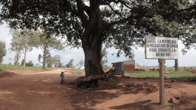 Dirt road with a large tree and a sign saying "La République Démocratique du Congo vous souhaite la bienvenue" on the right.