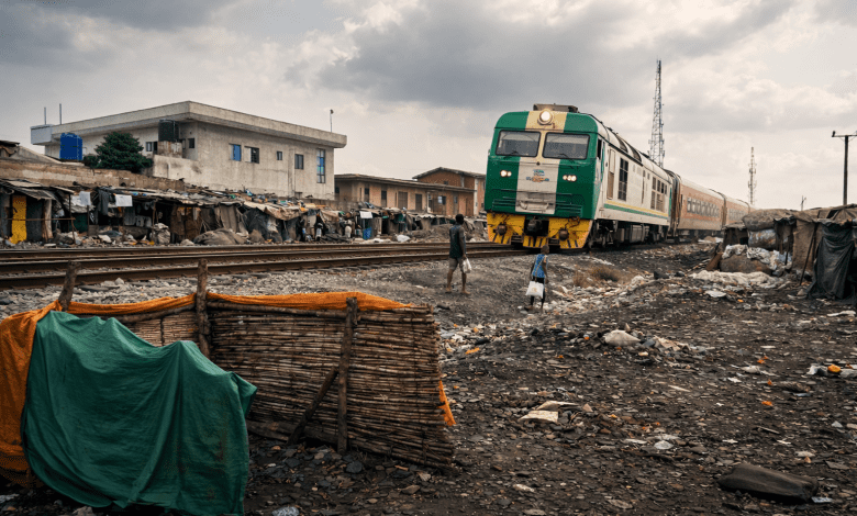 Green train passing through a rundown area with makeshift houses, as two people walk beside the tracks under a cloudy sky.