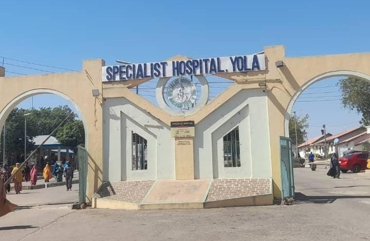 Entrance of Specialist Hospital Yola, featuring an archway and people walking nearby under a clear blue sky.