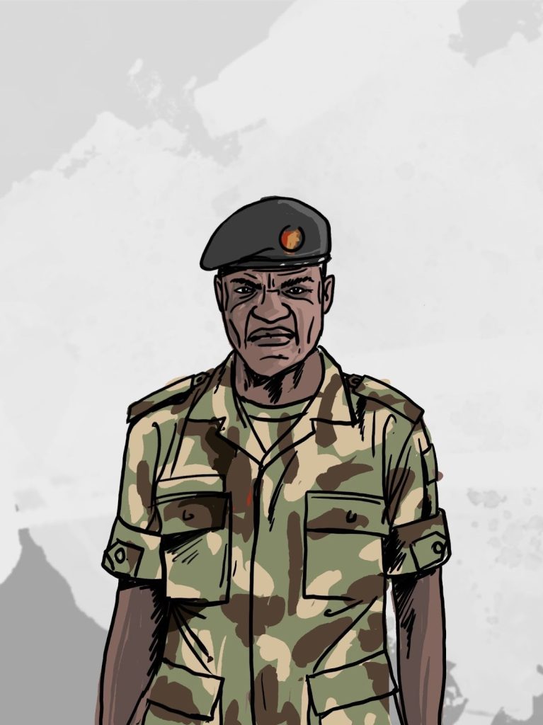 Illustration of a person in a camouflage military uniform and beret, standing against a textured gray background.