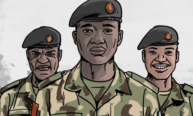 Three soldiers in camouflage uniforms and berets stand side by side, with different expressions.