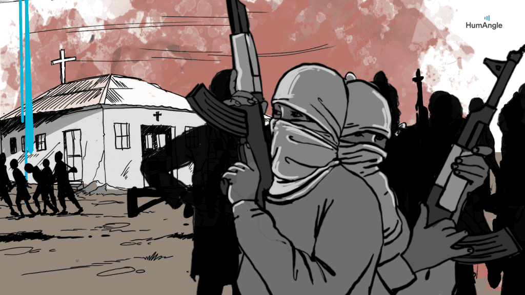 Masked figures with rifles stand before a church, silhouetted people in the background, conveying a tense atmosphere.