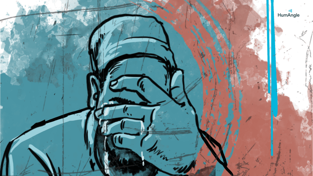 Illustrated figure covers face with palm in distress. Blue and red textured background.